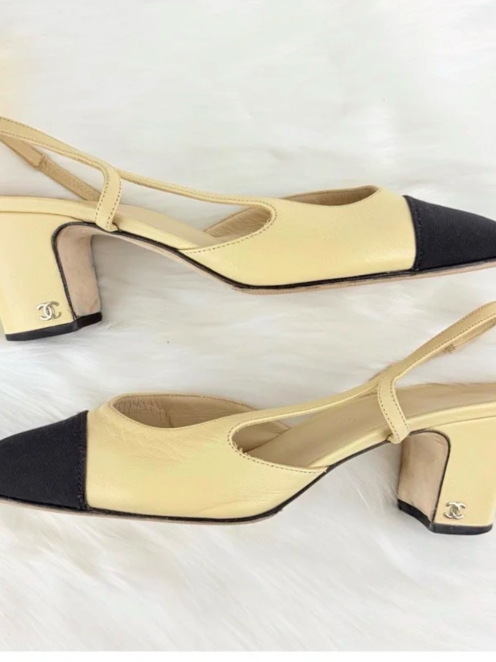 CHANEL Beige and Black Slingback Block-Heel Pumps